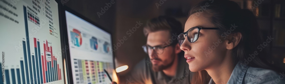 Poster man and woman analyzing computer data generative ai