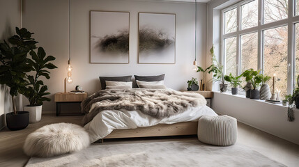 A bedroom with a white bed, a white comforter, and a white pillow. The bed is surrounded by a rug and a potted plant. The room has a cozy and comfortable atmosphere