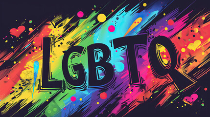 LGBTQ concept, the word LGBTQ written in black bold text on a colorful  rainbow background - obrazy, fototapety, plakaty