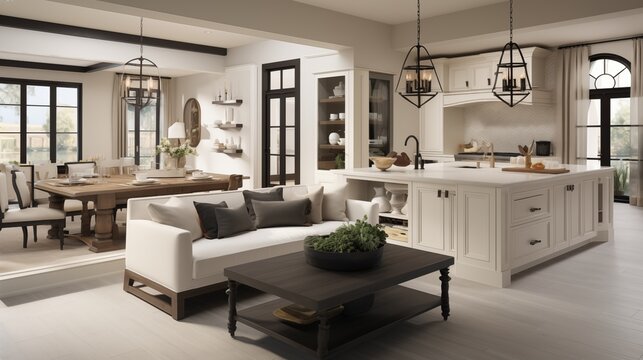 Open concept in creams and ivories with aged bronze and matte black accents.