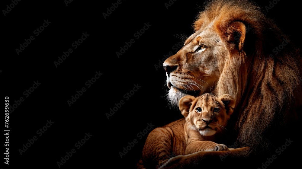 Poster male lion and lion cub portrait with significant empty space on the left for adding text