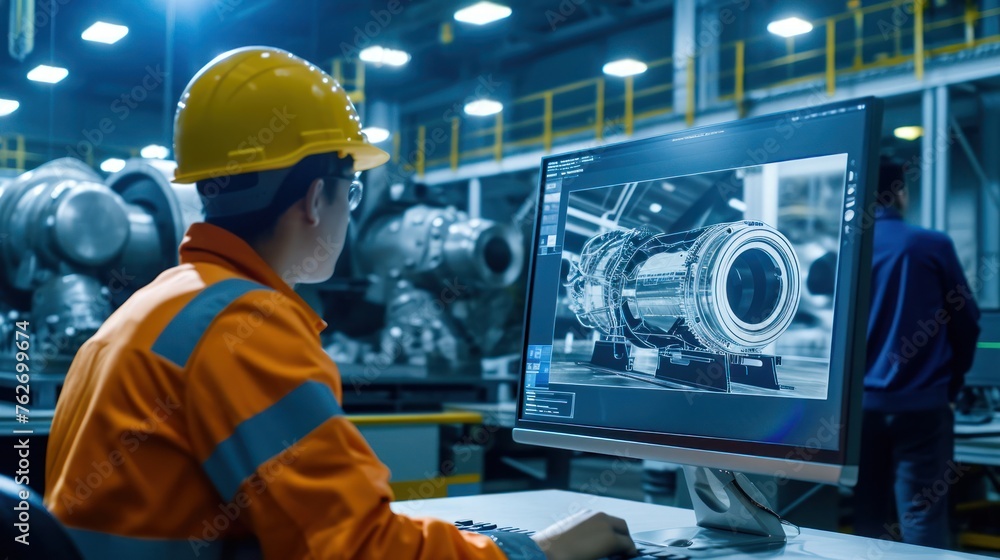 Poster man in orange jacket looks at computer screen generative ai