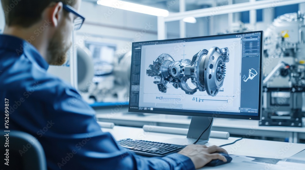 Poster engineer operating computer in factory generative ai