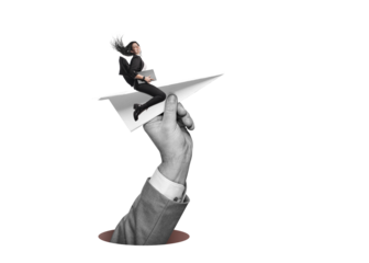 Art collage.  Launch of a smiling business woman on a paper airplane, launched with help from the side. Isolated on free png Background. Successful start up concept.
