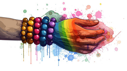 LGBTQ community concept, colorful painted bracelets on hands isolated on white background , diverse people of gay and lesbian community, gay Pride Parade - obrazy, fototapety, plakaty