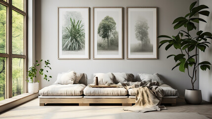 A living room with a couch, a potted plant, and three framed pictures on the wall - obrazy, fototapety, plakaty