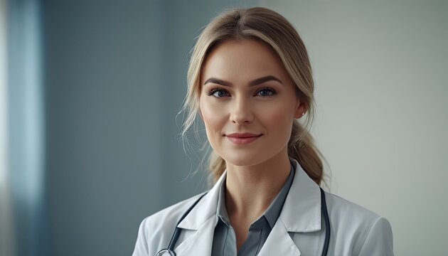 Happy female doctor poses indoors. Captured during daytime, highlights professionalism in healthcare.