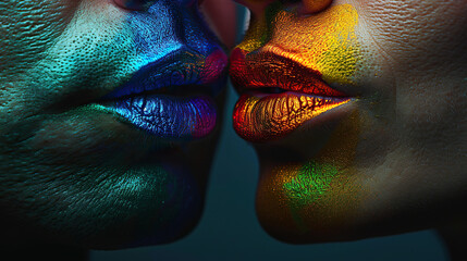  lifestyle fashion lgbtq concept. Young gay men with makeup in bright colorful paint lips with lipstick  - obrazy, fototapety, plakaty