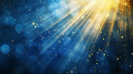 Asymmetric blue light burst, abstract beautiful rays of lights on dark blue background with the color of blue and yellow, golden yellow sparkling backdrop with copy space.