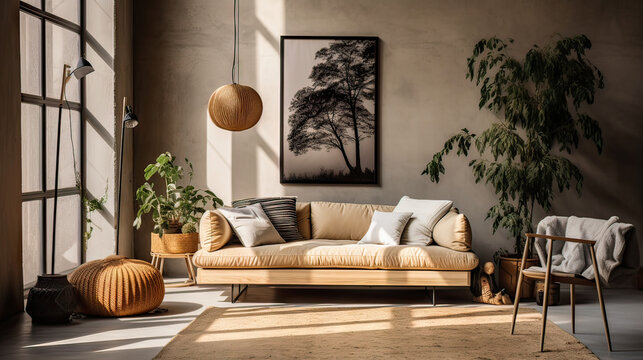 A living room with a couch, a potted plant, and a tree painting on the wall. The room has a warm and inviting atmosphere
