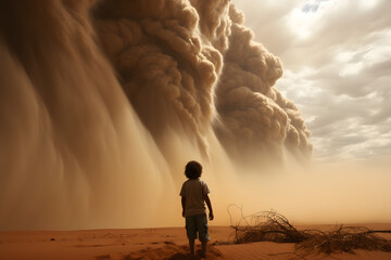 Kid standing in front of a massive sandstorm, kid standing next to sandstorm looking up - obrazy, fototapety, plakaty
