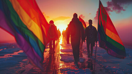 LGBTQ concept, LGBTQ people celebrating pride in a parade together while raising the rainbow pride flag. Group of young queer individuals celebrating together - obrazy, fototapety, plakaty