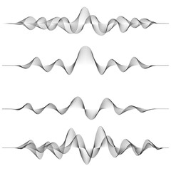 Set of waving lines, sound, vibration and pulsing lines. Music, sonic, equalizer or sound wave design element. Vector abstract flowing black wave lines isolated on white background. - obrazy, fototapety, plakaty