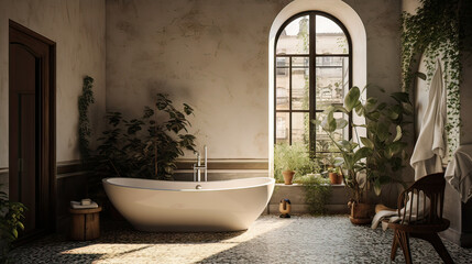 A bathroom with a large bathtub and a window with plants. The plants are in pots and there is a chair in the room. Scene is calm and relaxing - obrazy, fototapety, plakaty
