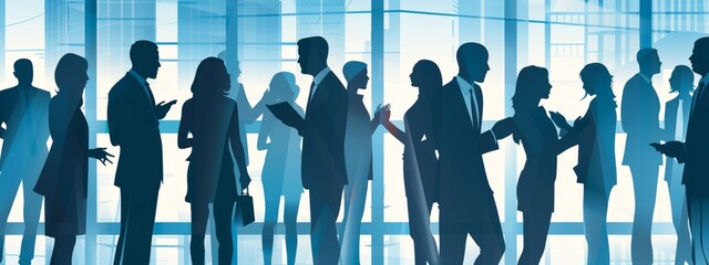 people in suits and dresses talking to each other at a business background at a conference or in a company office Generative AI