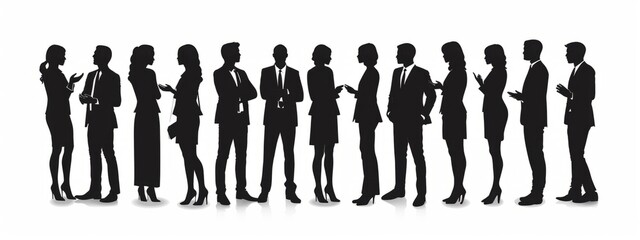 black and white silhouette of numerous business people in full growth standing adjacent to each other conversing Generative AI - obrazy, fototapety, plakaty