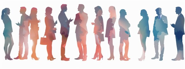 Silhouettes of men and women in business attire talking to each other, standing against a white background Generative AI