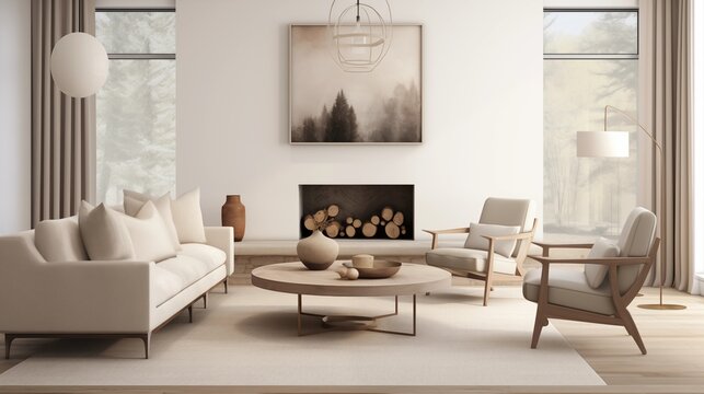 Serene neutral living room with warm greige tones, cozy textures, and mid-century modern furniture.