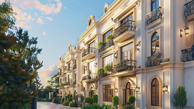 A boutique-style flat complex with a blend of modern and classical architecture, showcasing ornate balconies