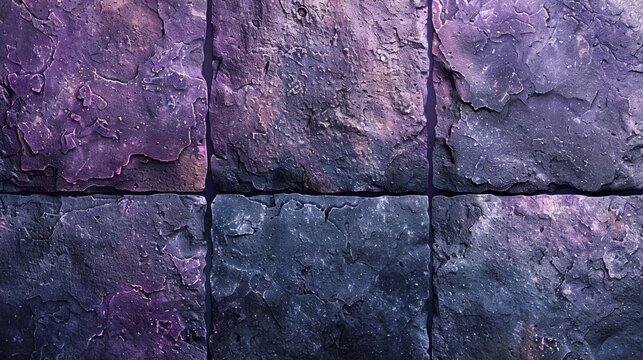  Close-up picture of rock wall, colored purple/black, with white/black cat positioned at the top