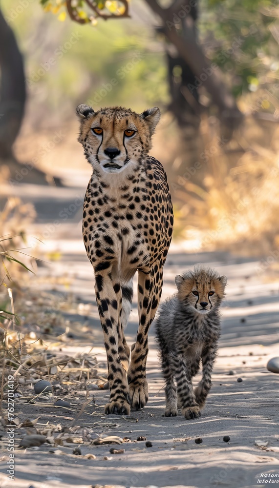 Poster male cheetah and cub portrait with empty space for text and object on right side