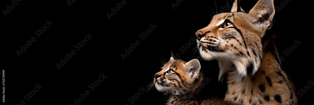 Poster andean mountain cat and kitten portrait with space on left for text, object on right side