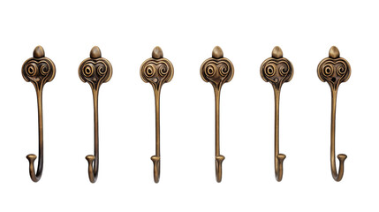A set of five ornate antique-style door handles, showcasing intricate details and timeless design - obrazy, fototapety, plakaty
