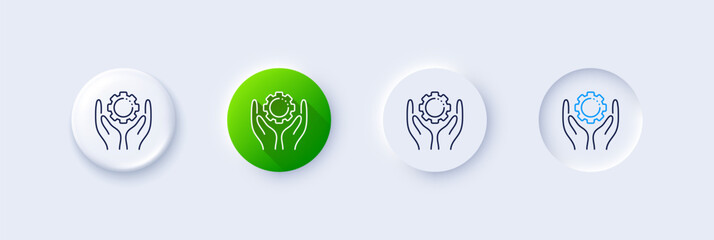 Employee hands line icon. Neumorphic, Green gradient, 3d pin buttons. Work gear sign. Development cogwheel symbol. Line icons. Neumorphic buttons with outline signs. Vector