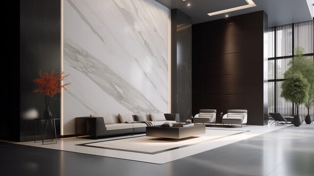 Sleek residential lobby with white stone and graphite gray paneling.