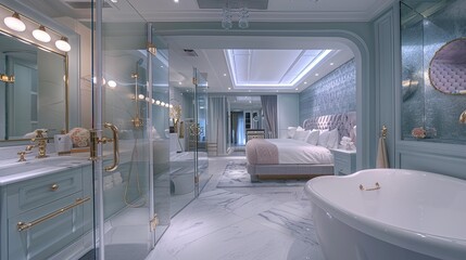 A boutique hotel-inspired bathroom featuring a freestanding soaking tub and marble countertops - obrazy, fototapety, plakaty