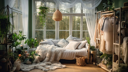 A cozy bedroom with a white bed, a white blanket, and a white pillow. The room is decorated with plants and a basket