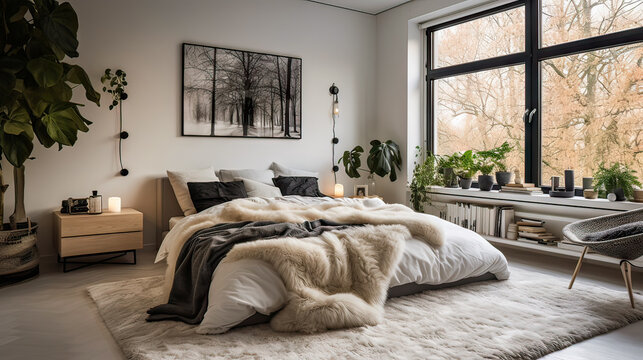 A bedroom with a white bed, a black and white framed picture, and a window with trees outside