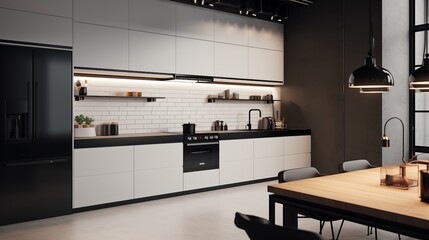 Sleek test kitchen with glossy white tile and matte black commercial appliances.