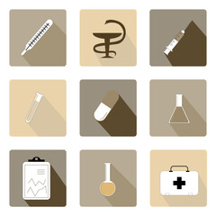 Chemistry equipment filled with different color chemicals. Icons. Vector illustration.