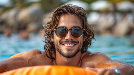  A guy wearing long hair and shades swims in a pool with an inflatable raft in the foreground - obrazy, fototapety, plakaty