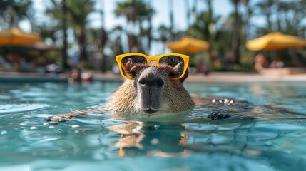  A close-up of a dog in sunglasses lounging in a pool surrounded by palm trees