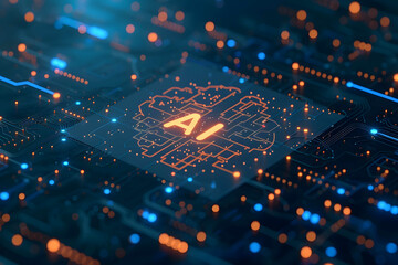 Close-up of an electronic circuit board, illuminated by glowing orange lights, exuding a futuristic ambiance. Ai Generated