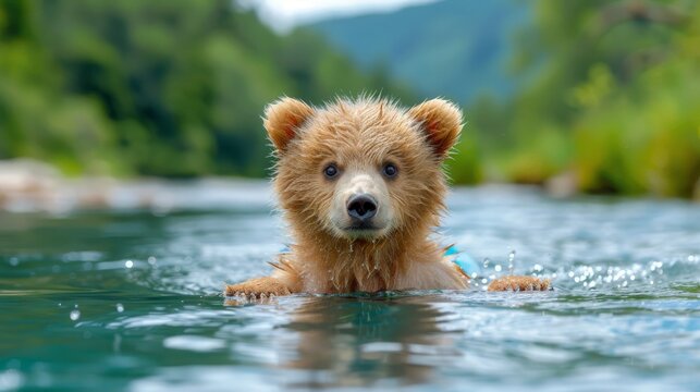  A photo of a tiny brown bear splashing in water with tall trees behind and a distant mountain in the background