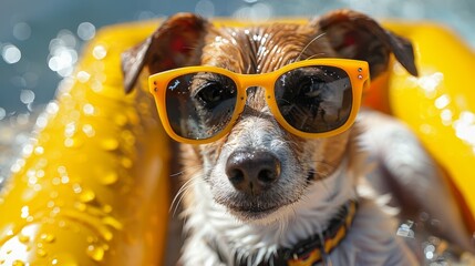  A close-up of a dog in sunglasses lounging in a water pool with a raft visible - obrazy, fototapety, plakaty