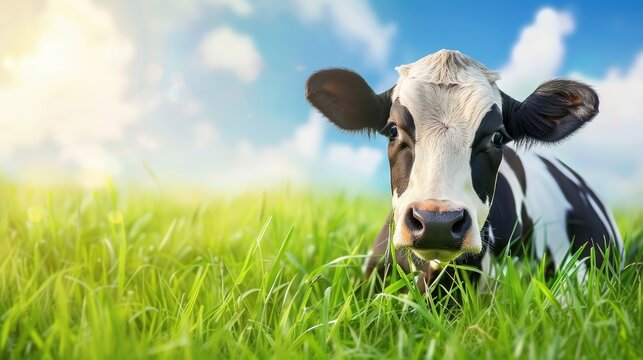 Portrait dairy cow on the green grass field background. AI generated image