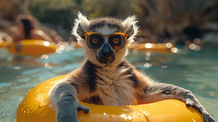  A lemur on a raft amidst swimmers - obrazy, fototapety, plakaty