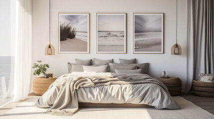 A bedroom with a white bed and three framed pictures on the wall. The room has a calm and peaceful atmosphere