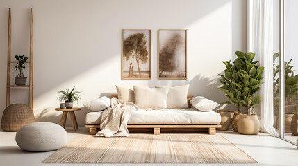 A living room with a couch, a potted plant, and a vase. The room has a cozy and inviting atmosphere