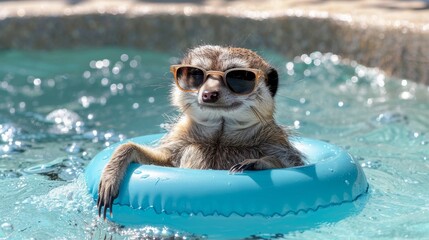  Meerkat in sunglasses on blue raft in pool, water splashes - obrazy, fototapety, plakaty