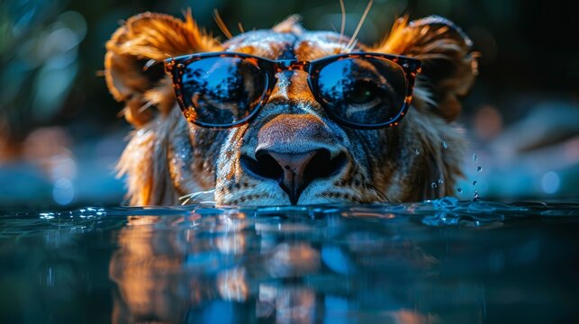  A photo of a cheetah wearing sunglasses submerged in water