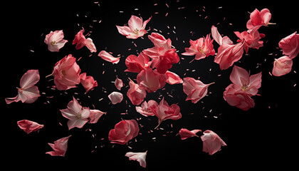 Falling in the air petals on black background - obrazy, fototapety, plakaty