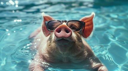  A pig wearing sunglasses swims in a pool with its snout out of water