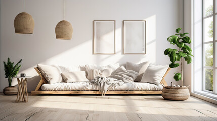 A living room with a white couch, two pictures on the wall, and a potted plant. The room has a clean and minimalist look, with a focus on natural elements like the plant and the wooden floor - obrazy, fototapety, plakaty