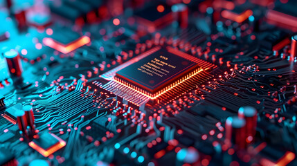 Artificial intelligence micro chip with circuit board. - obrazy, fototapety, plakaty