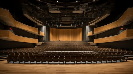 Fototapeta na wymiar State-of-the-art auditorium with warm woods and black seating risers.